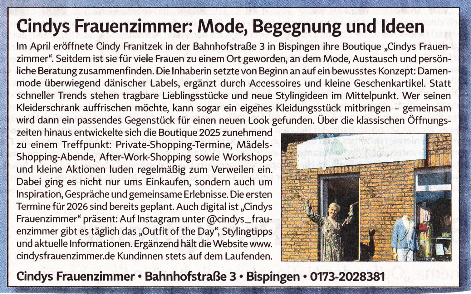 Zeitungsartikel zur Eröffnung von Cindys Frauenzimmer in Bispingen