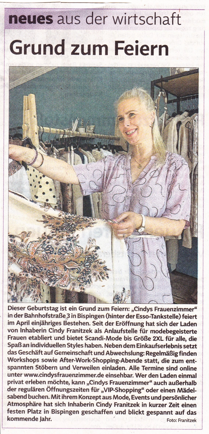 Zeitungsartikel zum einjährigen Jubiläum von Cindys Frauenzimmer in Bispingen
