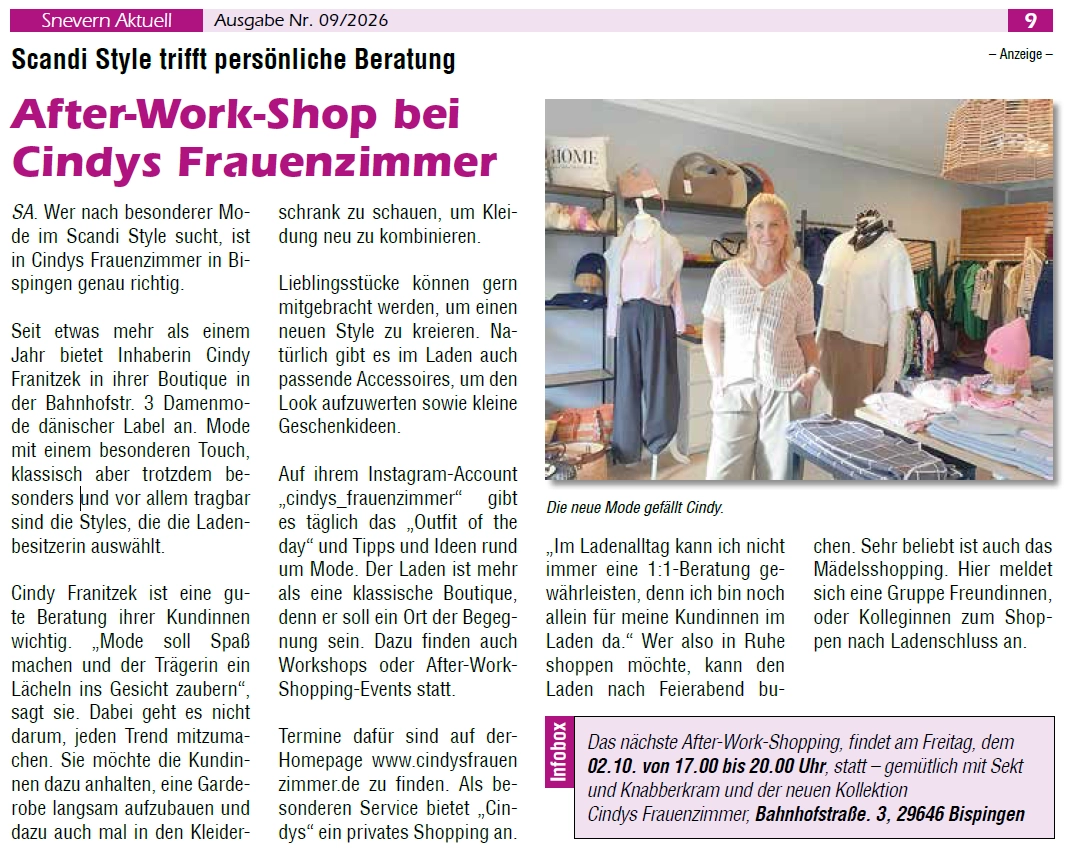 Zeitungsartikel Snevern Aktuell - After-Work-Shop bei Cindys Frauenzimmer